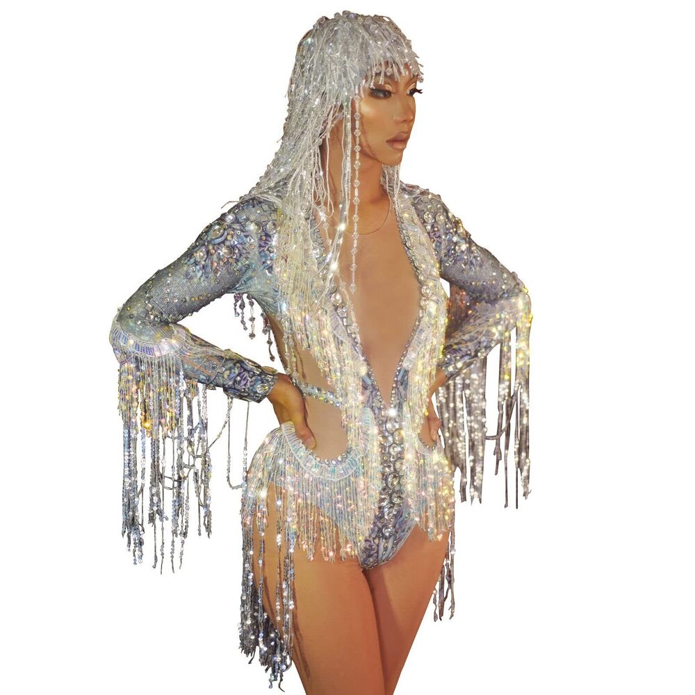2204 Sparkly Sequins Fringe Bodysuit Sexy Show Team Celebrate Outfit Bar